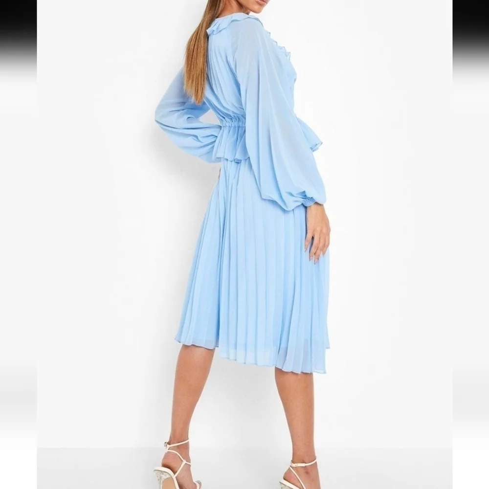 Boohoo Blue Pleated Long Sleeve Ruffle Midi Smock Dress Size Women's 6 NEW